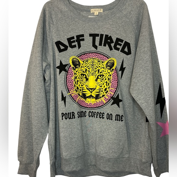 love dazed Tops - DEF TIRED SWEATSHIRT LEOPARD DEF LEPPARD PLUS SIZE 2X pour some coffee on me